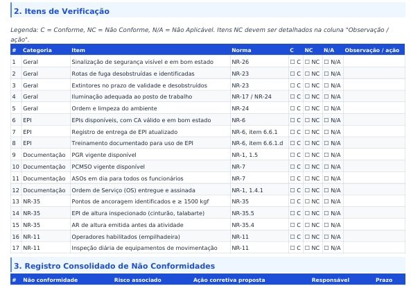 Exemplo de Checklist gerado pelo SegWork SST